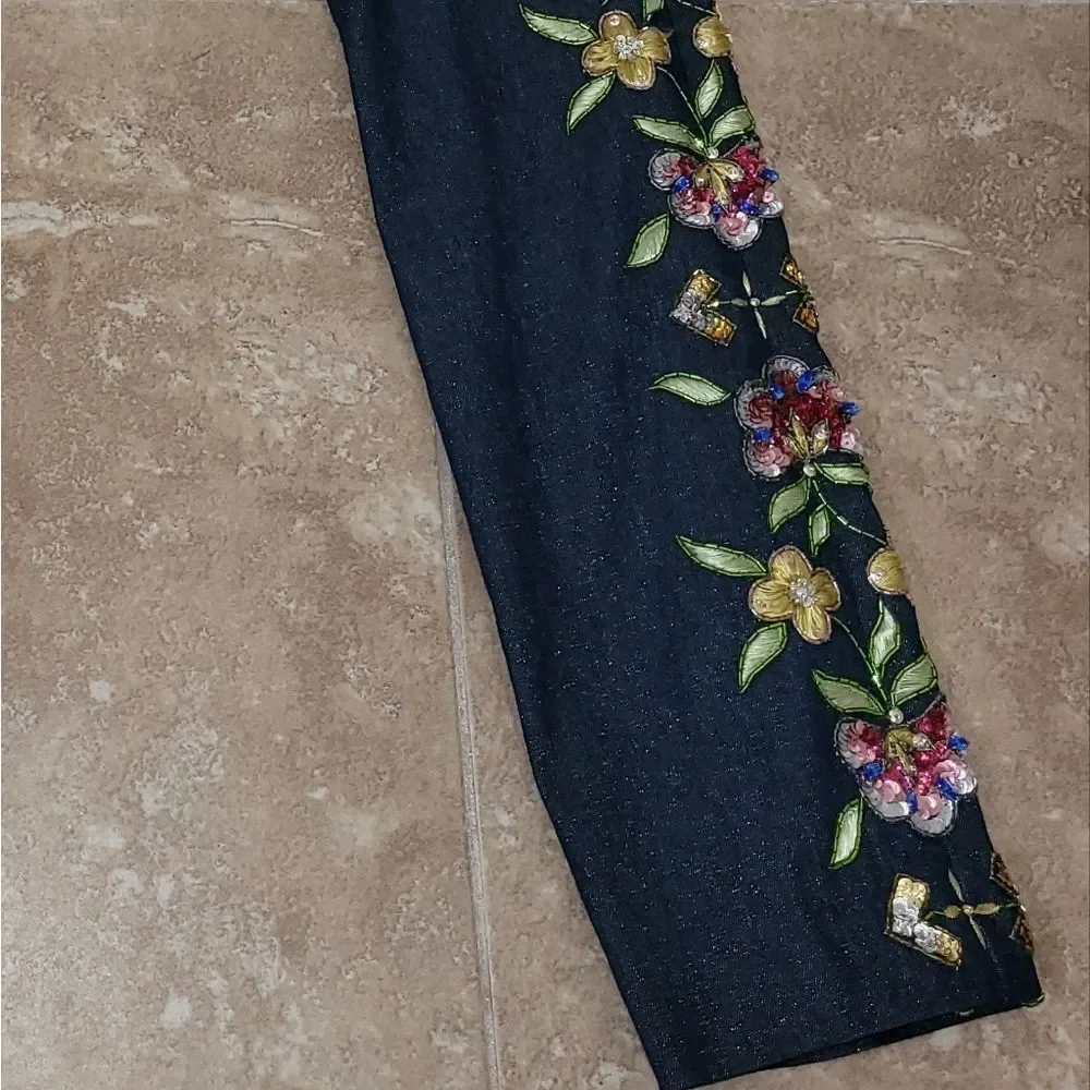 2002 Christian Dior VTG Blue Metallic Denim Pants w/Floral Embellishments - sz 8 - Picture 7 of 14